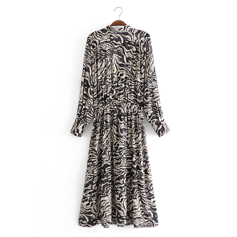 Autumn Winter Printed Dress Collared Single Breasted Series Maxi Dress
