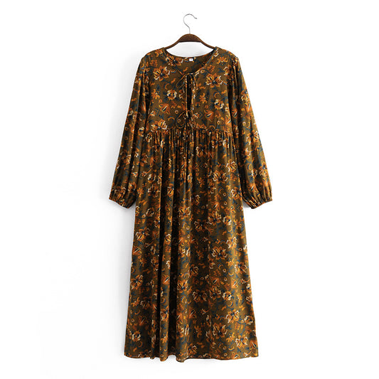 Women Printed Fringed Long Sleeved Dress Maxi Dress