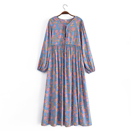 Spring Summer Rayon Positioning Floral Tassel Long Sleeve Dress