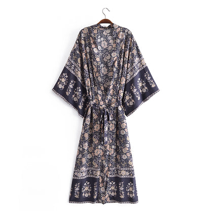 Spring Vacation Printed Long Loose Batwing Sleeve Lace up Rayon Large Swing