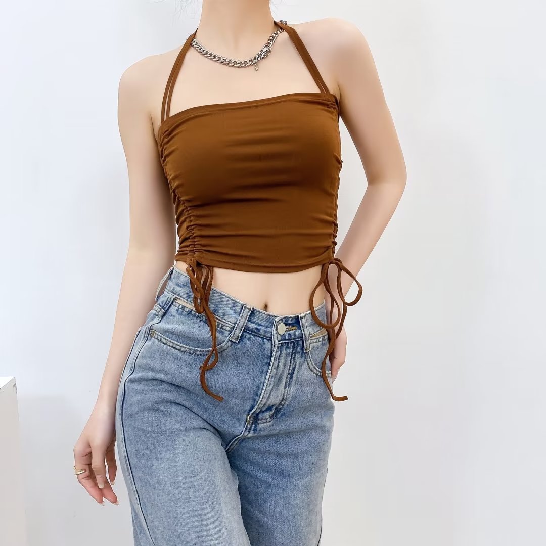 Summer Halter Drawstring Halter Bow Bare Cropped Slim Fit Sexy Vest Sling