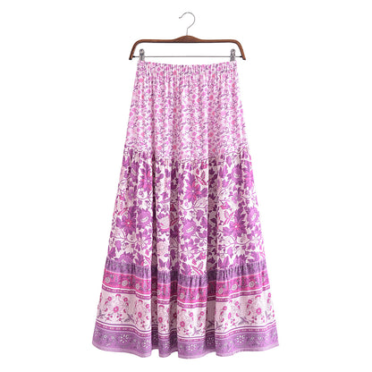 Autumn  Casual Women Printed Elastic Waist Loose Maxi Dress Skirt
