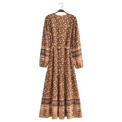 Autumn Casual Women Printed Cardigan Long Sleeve Belt Dress