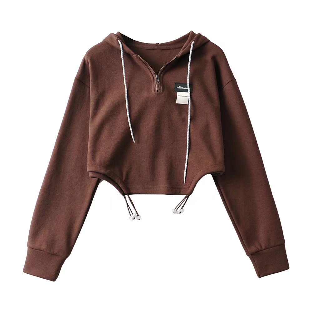Loose Hooded Letters Labeling Pullover Sweater  Irregular Asymmetric Drawstring Short Top