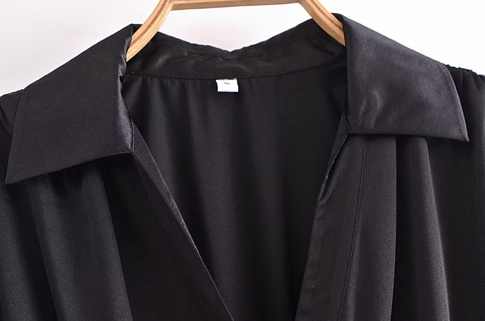 Autumn Women Black Satin Collared Long Sleeve Jewelry Fastener Decoration Shirt Dress