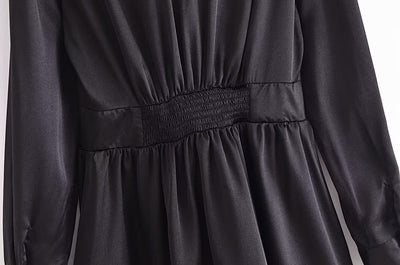 Autumn Women Black Satin Collared Long Sleeve Jewelry Fastener Decoration Shirt Dress