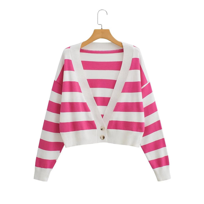 Personalized Striped Gradient Color Single Breasted Cardigan Top Women Loose Slimming Fashionable All Match Sweater