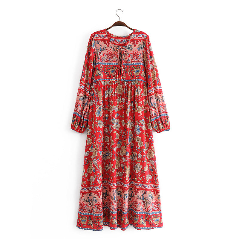 Women Sleeves Dress Printed Waist-Controlled Large Swing