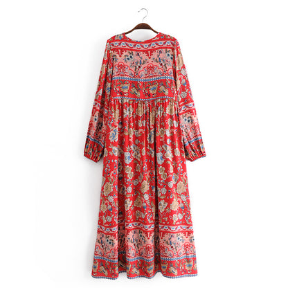 Women Sleeves Dress Printed Waist-Controlled Large Swing