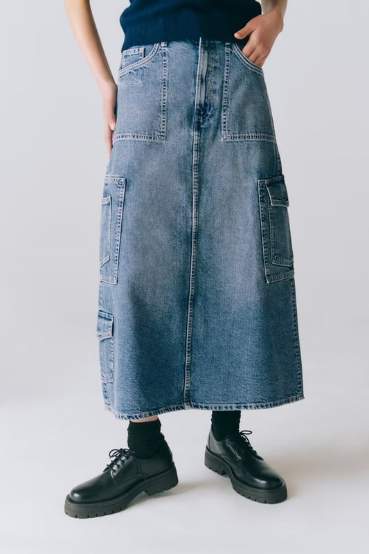 Personalized Street Skirt Spring High Waist Pocket Stitching Hem Loose Denim Skirt for Women