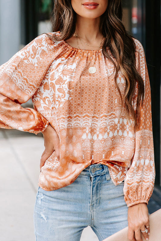 Orange Boho Printed Drawstring Round Neck Blouse