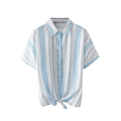 Spring Summer Casual Loose Blue White Printed Striped Shirt Top