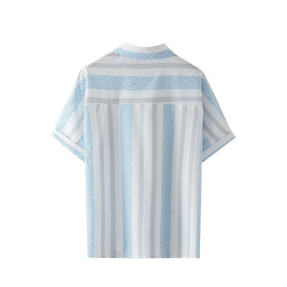 Spring Summer Casual Loose Blue White Printed Striped Shirt Top