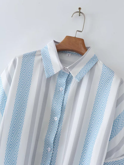 Spring Summer Casual Loose Blue White Printed Striped Shirt Top