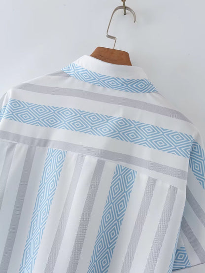 Spring Summer Casual Loose Blue White Printed Striped Shirt Top