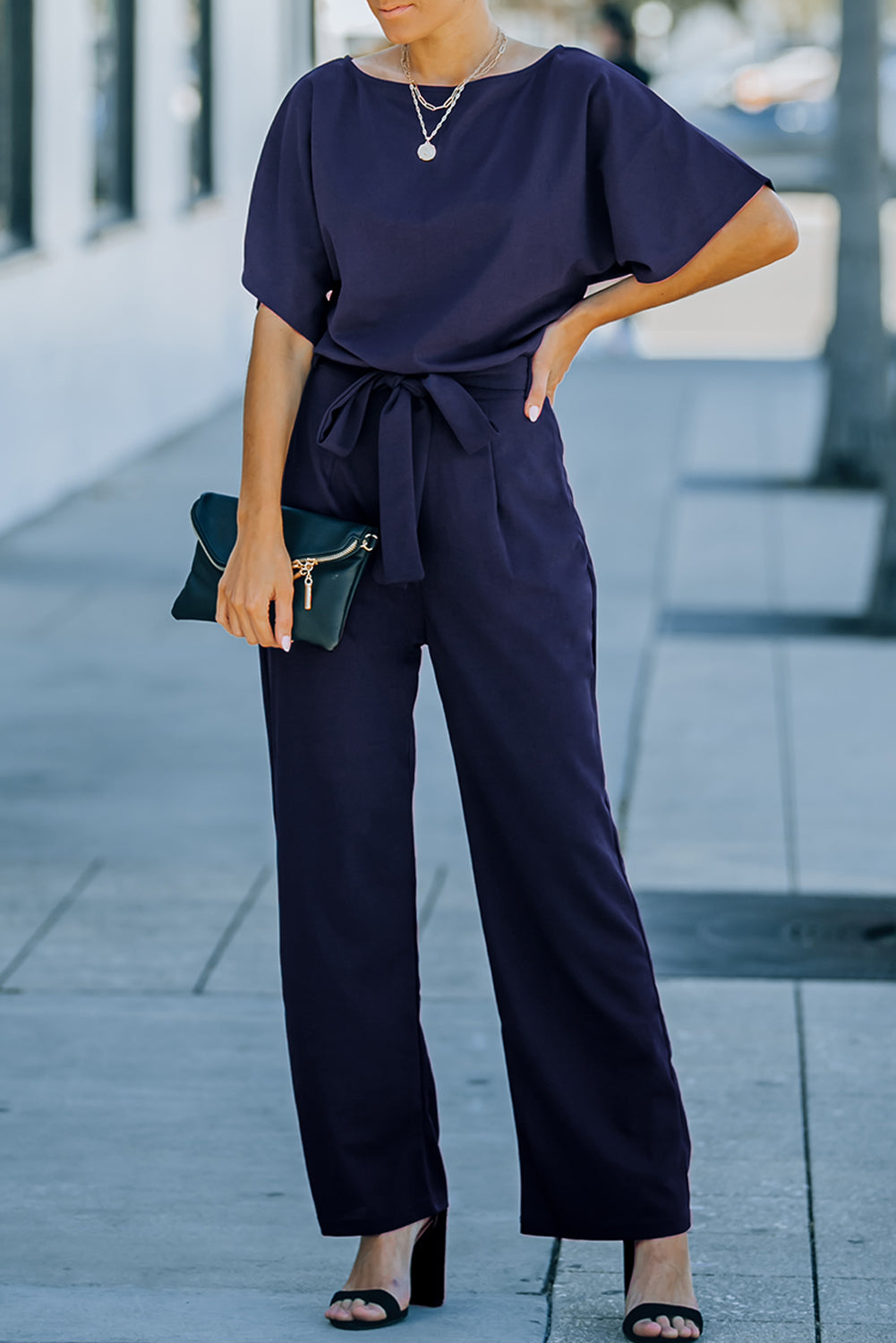 Blue Glam Belted Wide Leg Jumpsuit