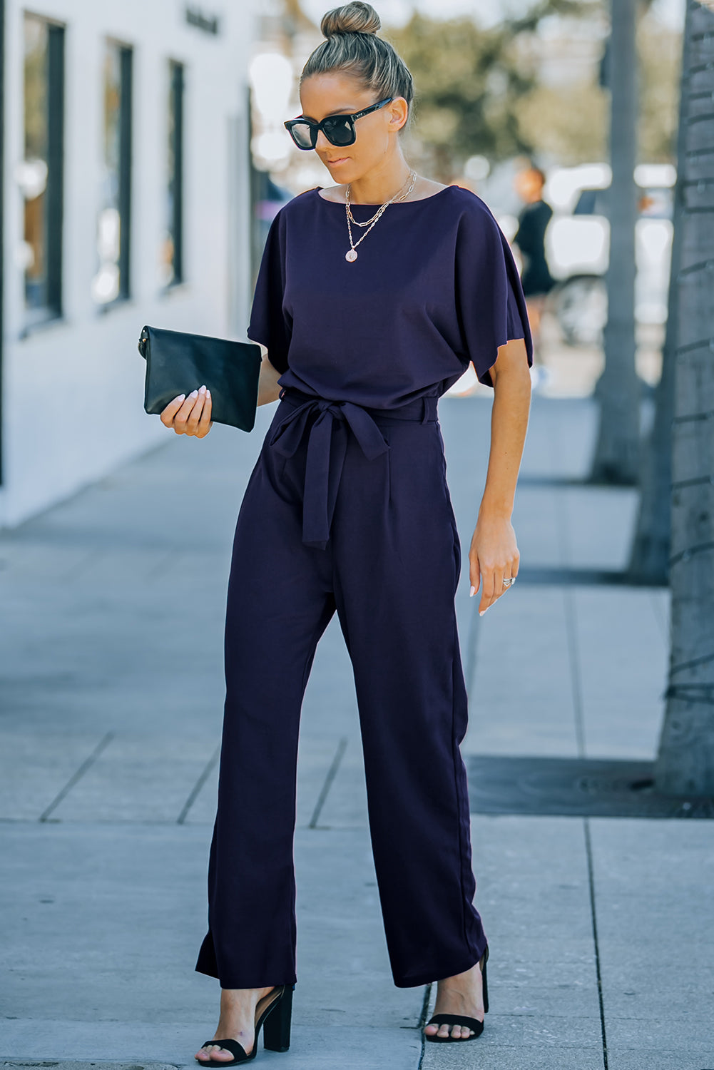 Blue Glam Belted Wide Leg Jumpsuit