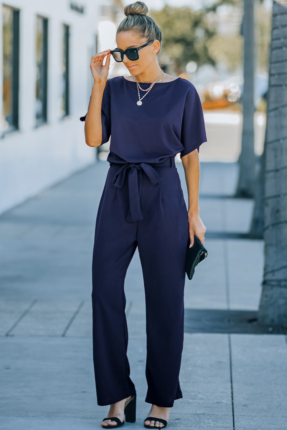 Blue Glam Belted Wide Leg Jumpsuit