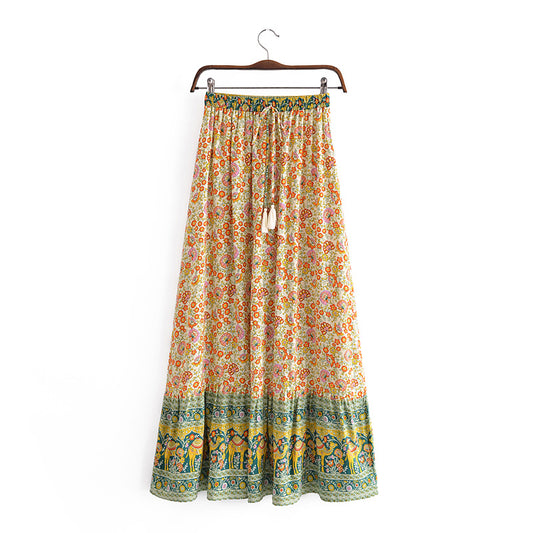 Bohemian Vacation Rayon Positioning Printing Tassel Tied Elastic Waist Big Hem Skirt Beach Dress