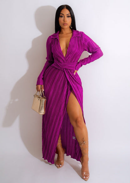 Sexy Slit Dress Autumn Winter V neck Long Sleeve Pleated Dress