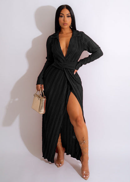 Sexy Slit Dress Autumn Winter V neck Long Sleeve Pleated Dress