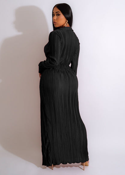 Sexy Slit Dress Autumn Winter V neck Long Sleeve Pleated Dress