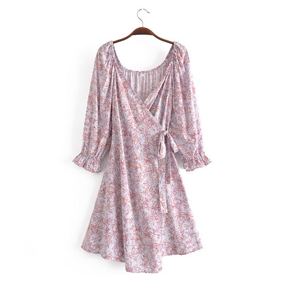 Floral V neck Long Sleeve Dress Women's Spring Autumn Chiffon Dress Niche Tea Break French Dress Boat Neck