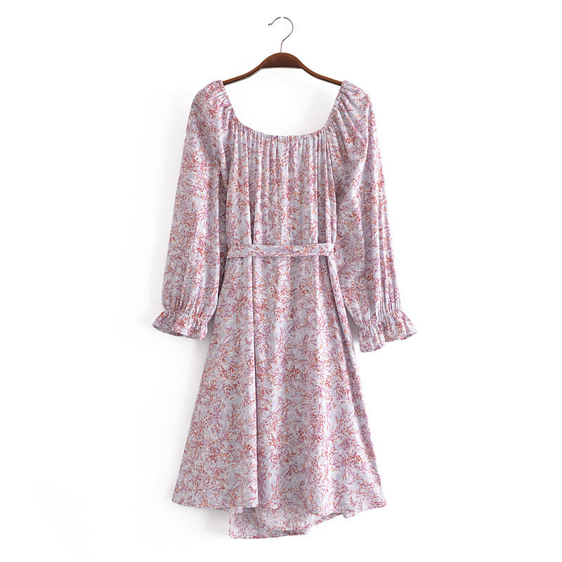 Floral V neck Long Sleeve Dress Women's Spring Autumn Chiffon Dress Niche Tea Break French Dress Boat Neck