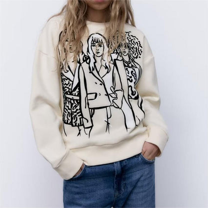 Women Clothing Round Neck Girl Printed Long Sleeve Casual Pullover