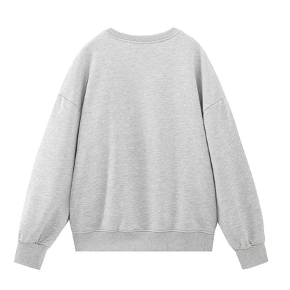 Spring Women Clothing Character Embroidery Round Neck Pullover Gray Sweater