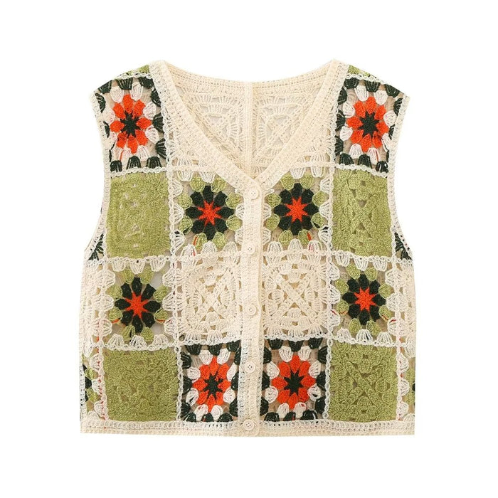 Retro Color Matching Plaid Floral Cutout Hand Crocheting Knitted Vest Summer V Neck Outerwear One Breasted Coat