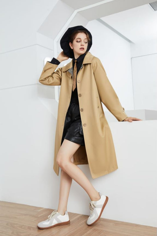 Element Autumn Winter Thick Crisp Stitching Plaid Simple Single Breasted Long Trench Coat for Women