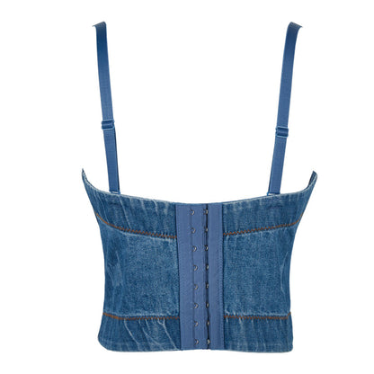 Top Korean Short Frayed Retro Washed Ripped Denim Spaghetti Straps Chest Wrap Slim Fit Vest for Women Summer Boning Corset Boning Corset Corset