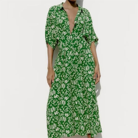 Spring Summer Women Clothing Fashionable Stylish Deep V Plunge Collared Print Dress