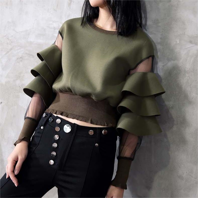 Air Layer Stitching Mesh See Through Ruffled Thread Cuff Hem Short Sweater Women