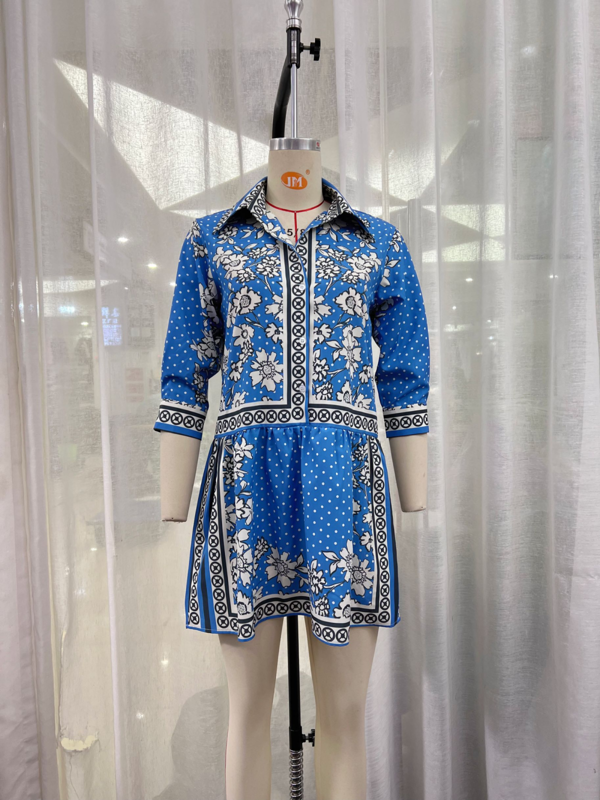 Retro Blue White Printed Lantern Long Sleeve Dress Spring Summer Women Clothing