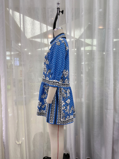Retro Blue White Printed Lantern Long Sleeve Dress Spring Summer Women Clothing