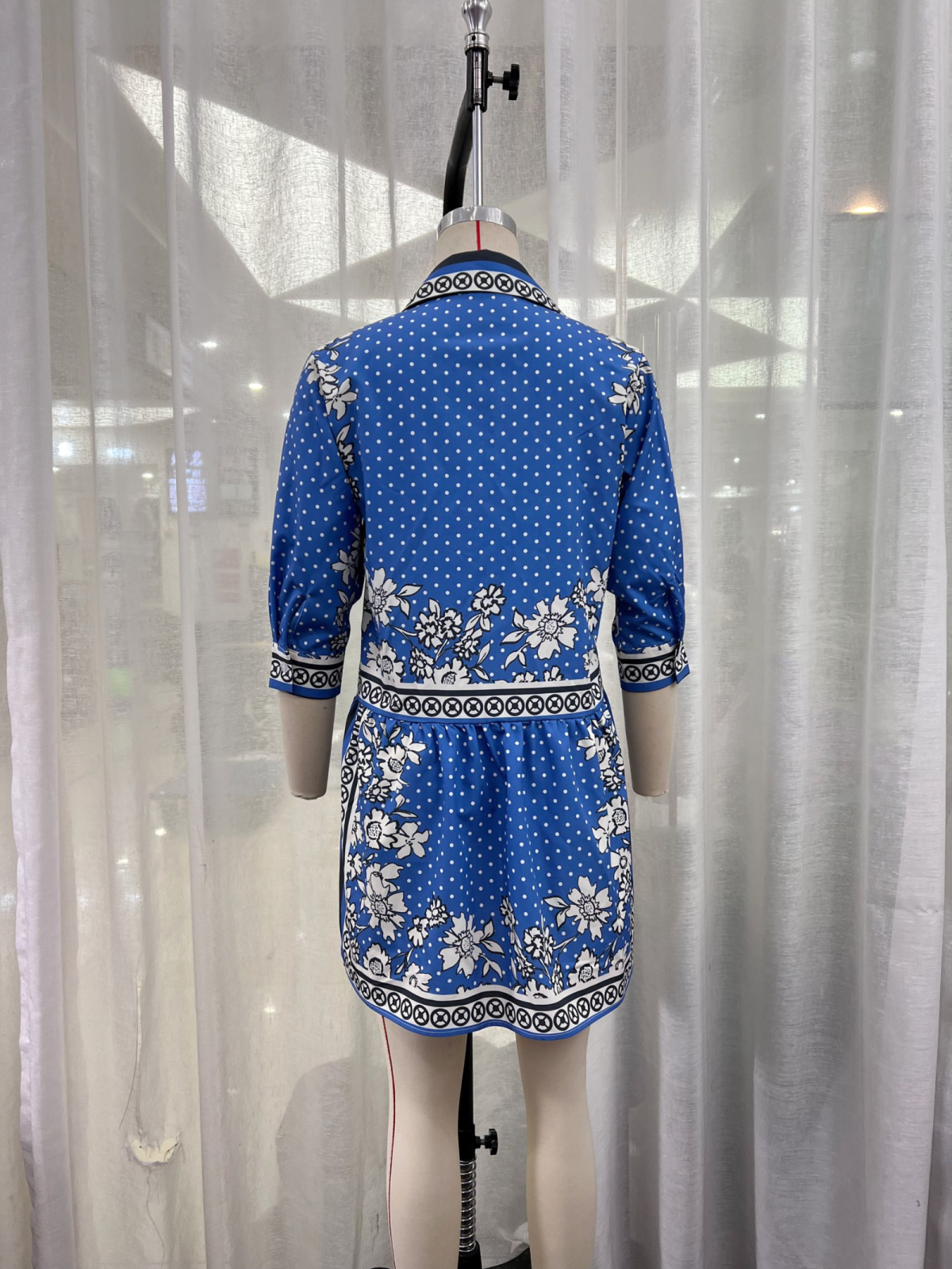 Retro Blue White Printed Lantern Long Sleeve Dress Spring Summer Women Clothing