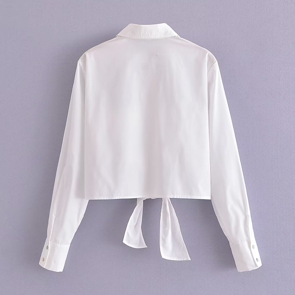 Spring Single Breasted Cardigan Long Sleeve Collared Loose Knotted Women Shirt Top