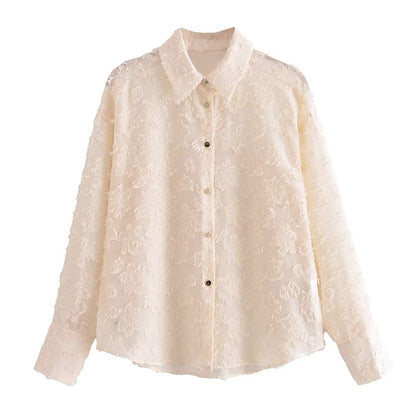Elegant Solid Color Collared Long Sleeve Cardigan Top Spring Translucent Stitching Shirt