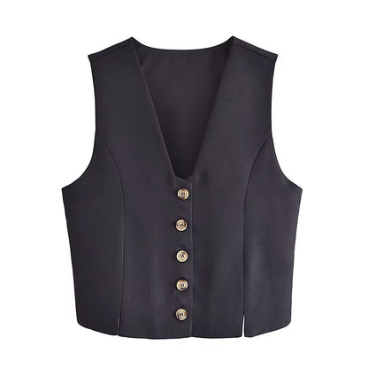 Spring Wind Black Short Vest V neck Double Breasted Vest