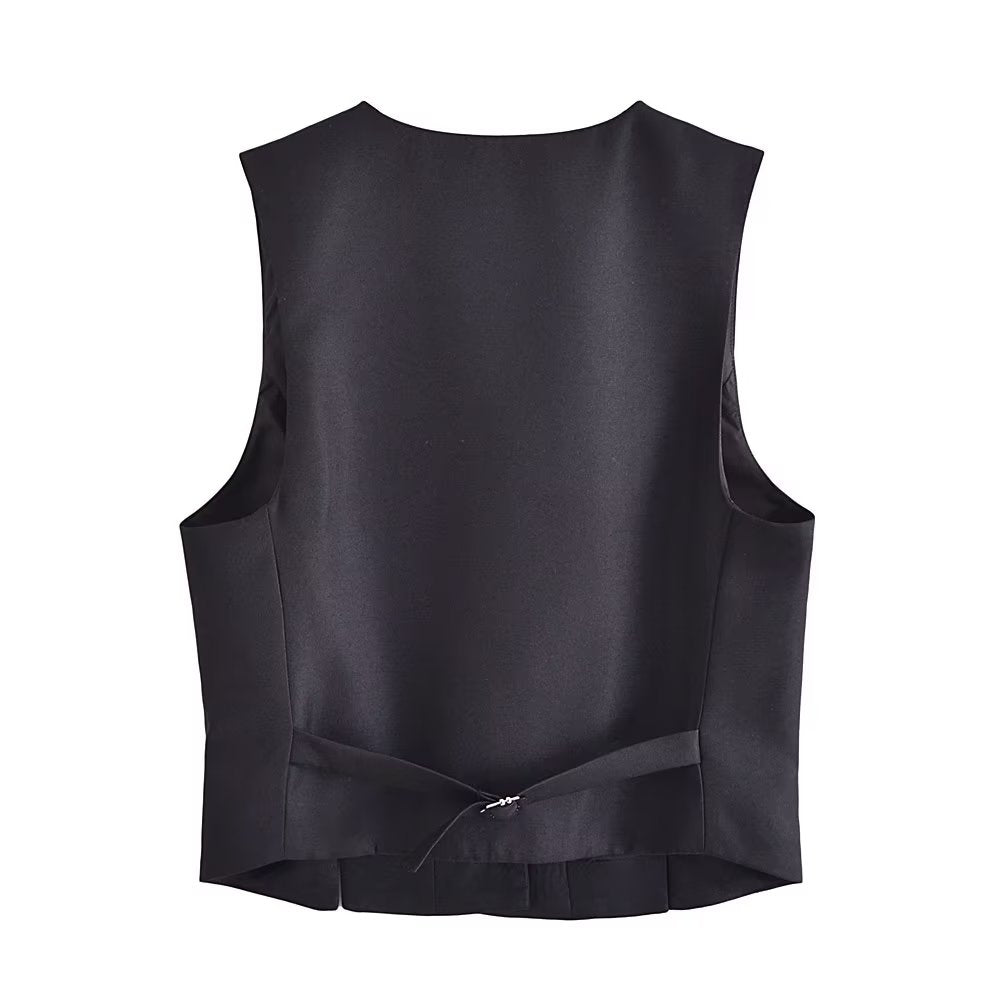 Spring Wind Black Short Vest V neck Double Breasted Vest