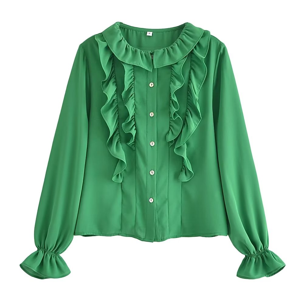 Spring Summer Women Long Sleeve All Match Laminated Decoration Shirt