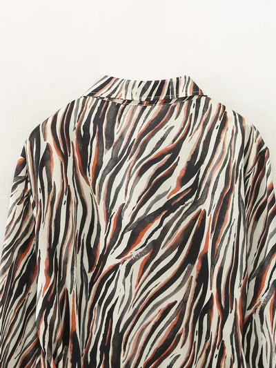 Spring Long Sleeve Collared Waist Tight Slimming Animal Pattern Printed Shirt Dress
