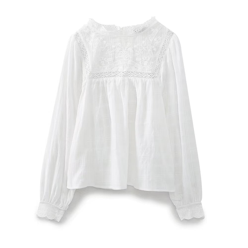Spring Women  White Lace Collar Hollow Out Cutout Embroidered Shirt Top