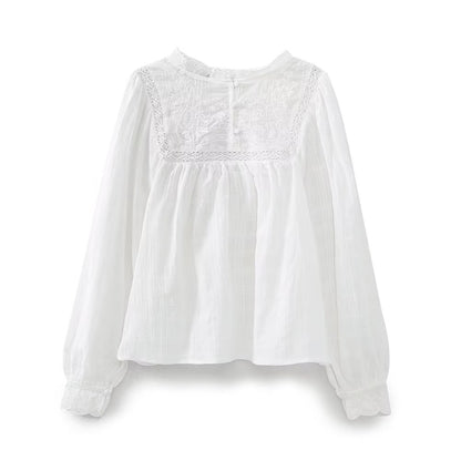 Spring Women  White Lace Collar Hollow Out Cutout Embroidered Shirt Top