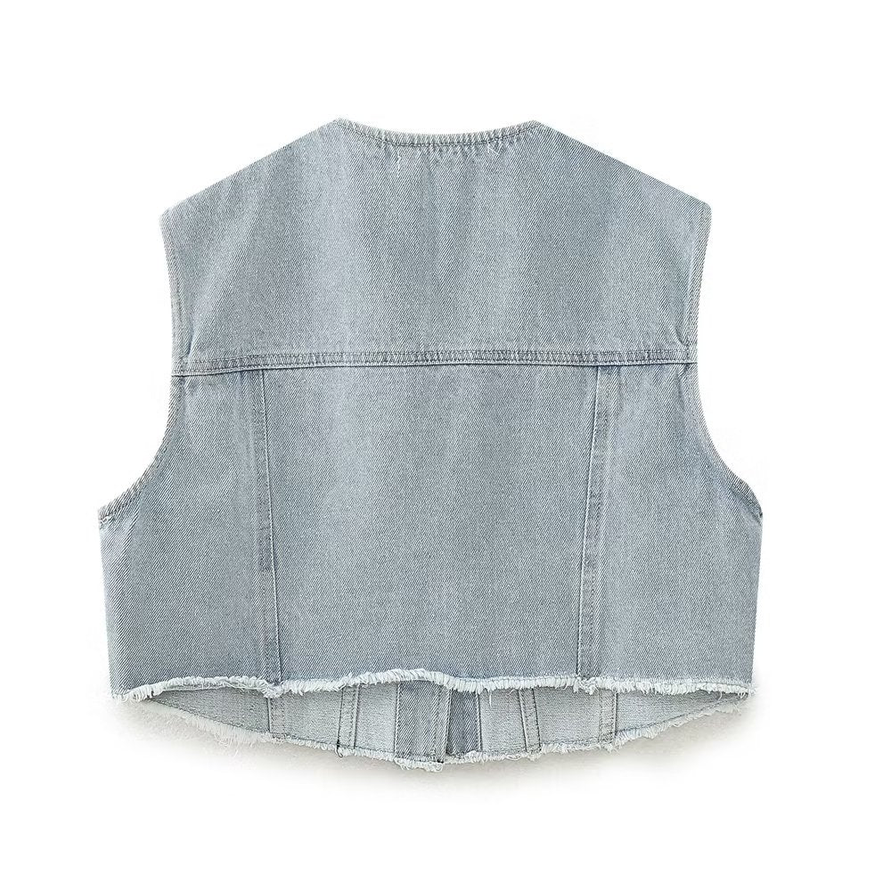 Solid Color Denim Stitching Vest Button Decoration Top Spring Sleeveless Small Pocket Coat