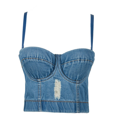 Top Korean Short Frayed Retro Washed Ripped Denim Spaghetti Straps Chest Wrap Slim Fit Vest for Women Summer Boning Corset Boning Corset Corset