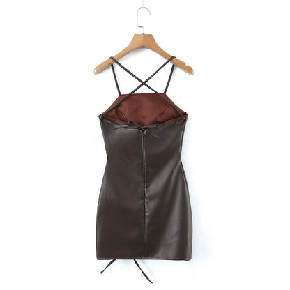 Spring Adult Lady Woman Sexy Side Drawstring Faux Leather Sling Leather Hip Dress