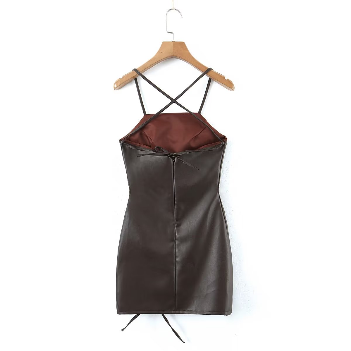 Spring Adult Lady Woman Sexy Side Drawstring Faux Leather Sling Leather Hip Dress